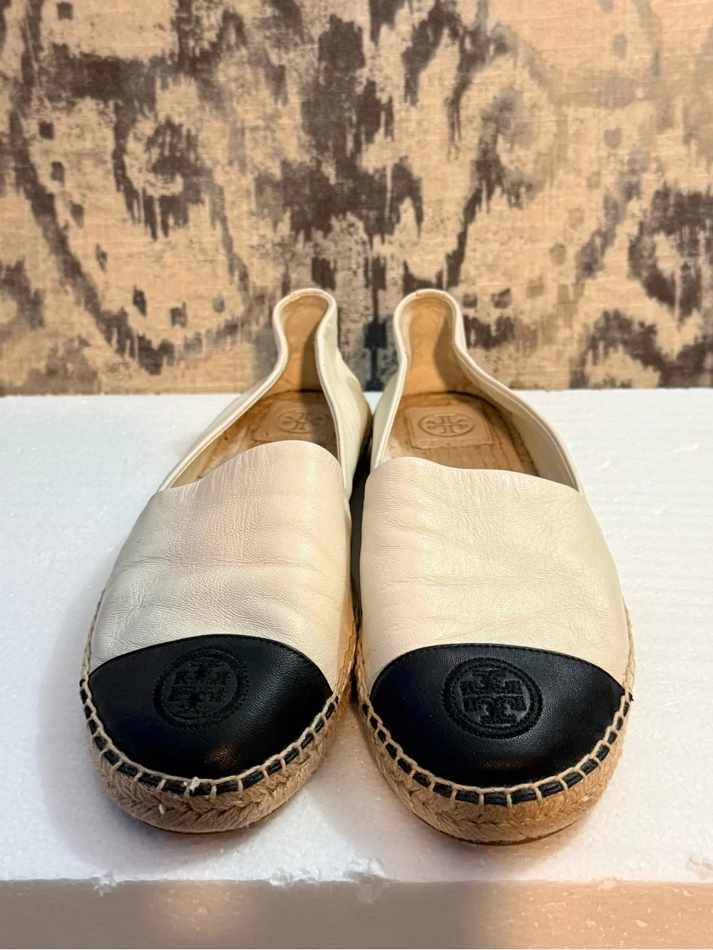 Tory Burch Ivory Leather Espadrille with Black Toe Cap